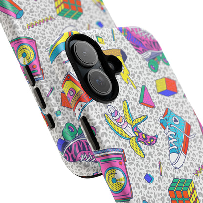 Retro 90s Pattern Phone Case — Roller Skates, Rubik Cube & Cassette Design