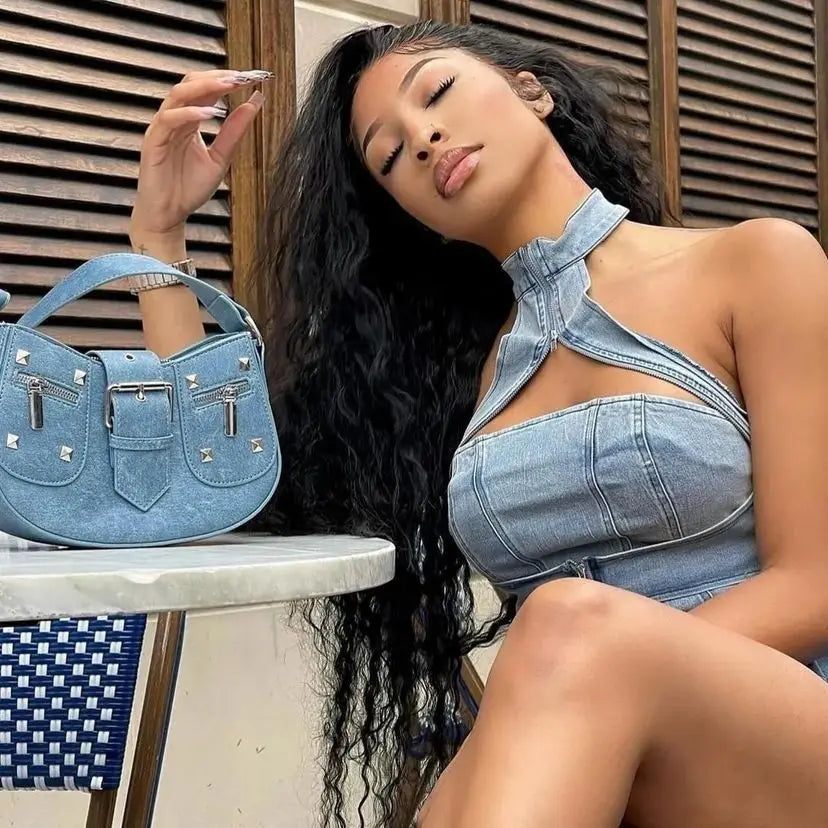 Denim Dress Sets Mini Wrap Buttocks Dress Slim Sheath Solid Two Pieces Sashes Pullover Tops Washed High Street Spliced