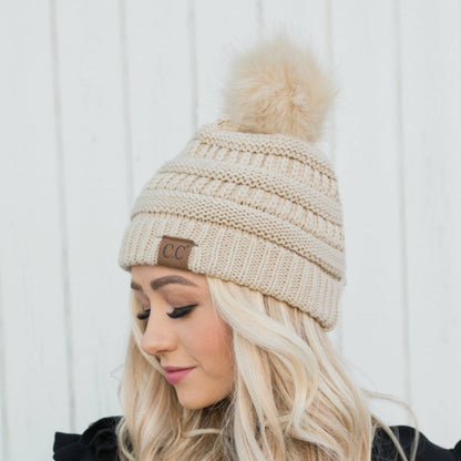 C.C Cable Knit Beanie with Matching Faux Fur Pom - Burgundy