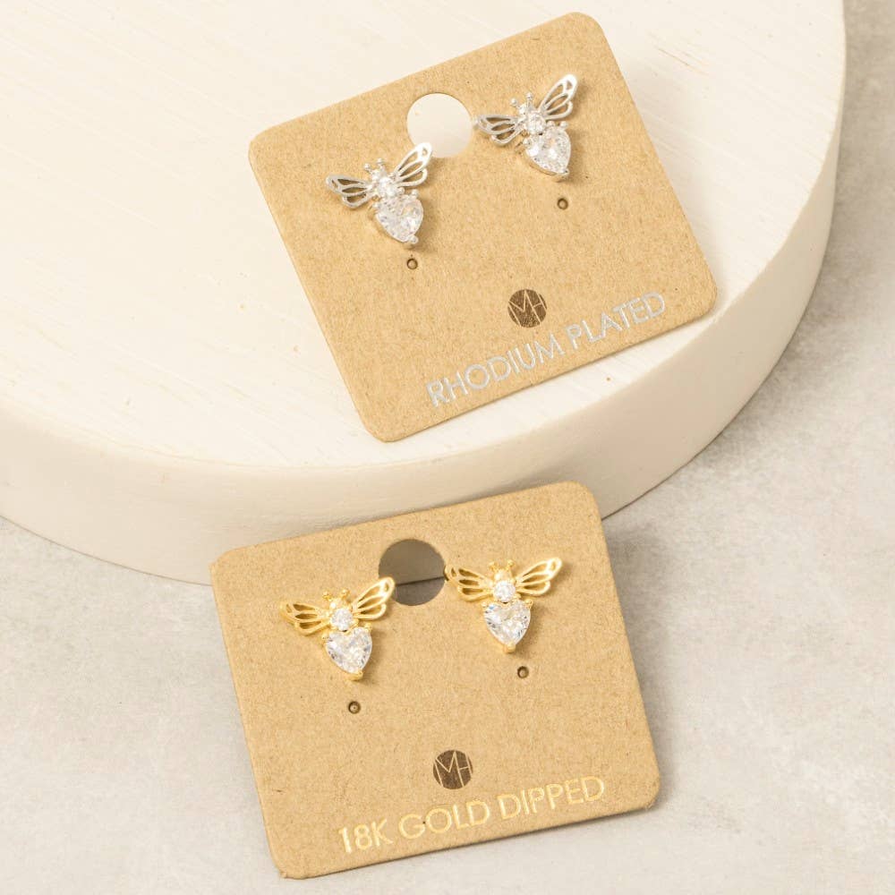Gold Dipped Cz Bee Stud Earrings