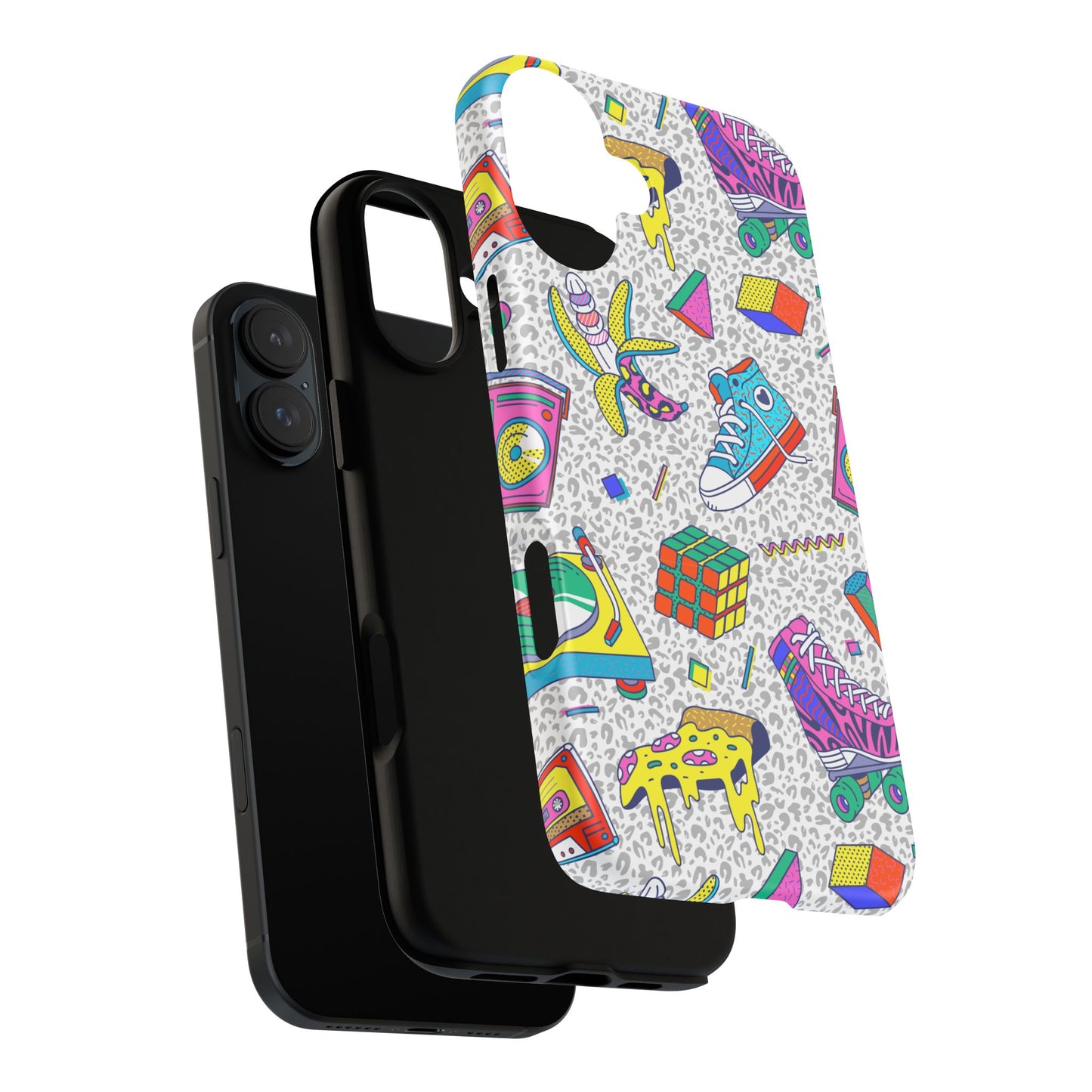 Retro 90s Pattern Phone Case — Roller Skates, Rubik Cube & Cassette Design