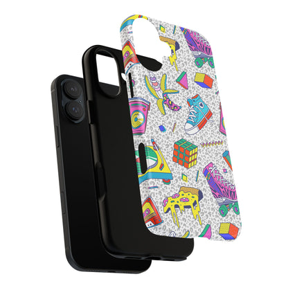 Retro 90s Pattern Phone Case — Roller Skates, Rubik Cube & Cassette Design