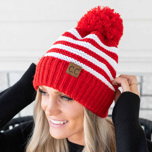 🎅🎄 Candy Cane Cozy! CC Chunky Knit Striped Pom Beanie - Red