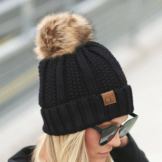 C.C Luxe Fleece-Lined Beanie with Bold Faux Fur Pom