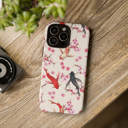 Koi Blossom Tough Phone Case Dual Layer Protective Cover With Shock Absorbent TPU And PC For Cherry Blossom Koi Lovers