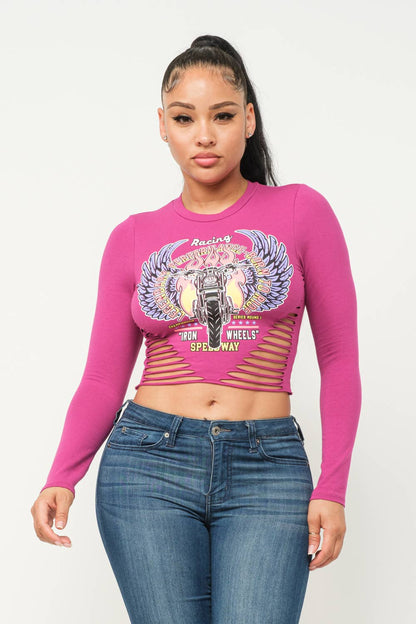 Cotton Spandex Round Neck Front Screen Print Laser Cut Detail Long Sleeve Crop Top