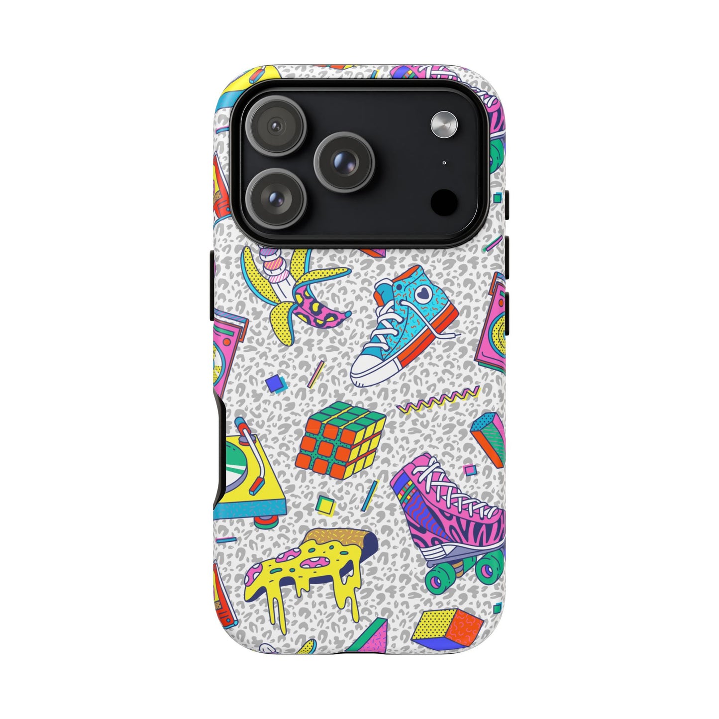 Retro 90s Pattern Phone Case — Roller Skates, Rubik Cube & Cassette Design