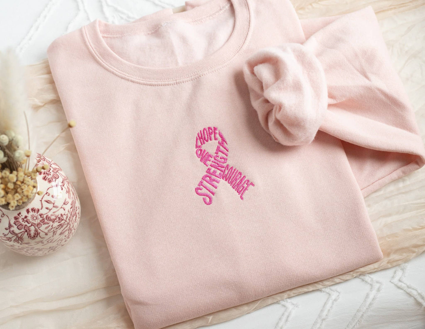 Embroidered Breast Cancer Awareness Motivational Sweatshirt – Blush Pink