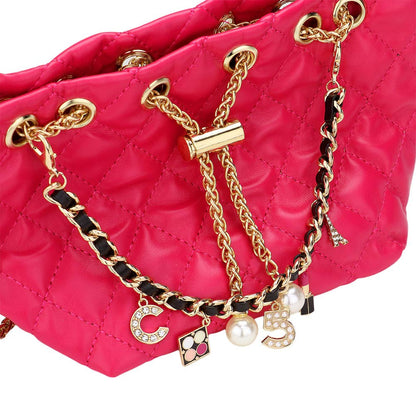 Charm Detailed Chain Faux Leather Pearl Mini Bucket Bag
