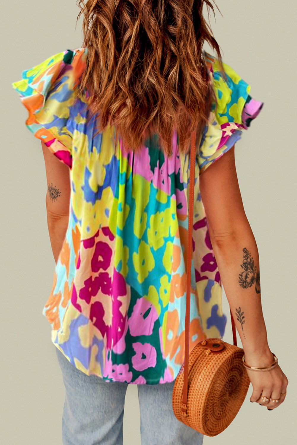 Ruffled Printed Tie Neck Cap Sleeve Blouse