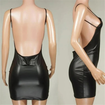 Faux Leather Dress Backless Club Party Short Dress Solid Black Wet Look Latex Bodycon Push Up Bra Mini Micro Dress