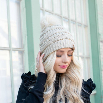 C.C Cable Knit Beanie with Matching Faux Fur Pom - Burgundy