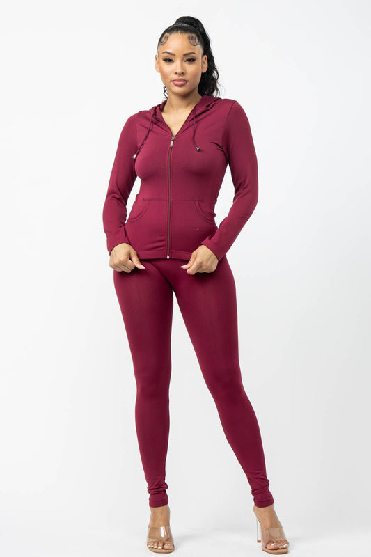 Seamless Zip Up Hoodie Drawstring Jacket With Side Pockets And Leggings Set