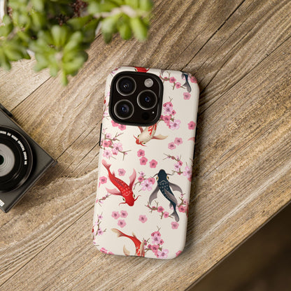 Koi Blossom Tough Phone Case Dual Layer Protective Cover With Shock Absorbent TPU And PC For Cherry Blossom Koi Lovers