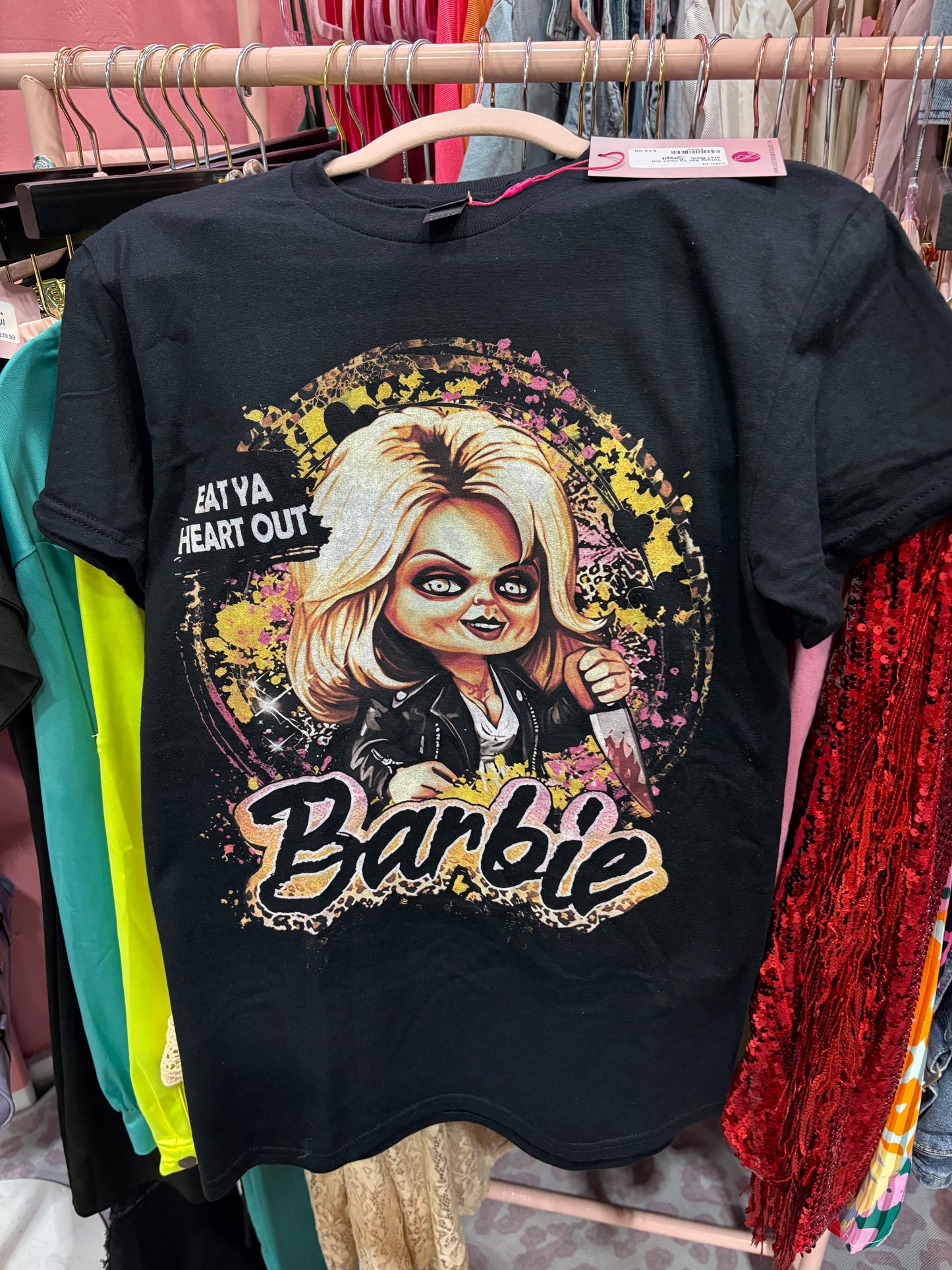 Tiffany “Eat Ya Heart Out Barbie” Tee – Halloween Horror Graphic Shirt