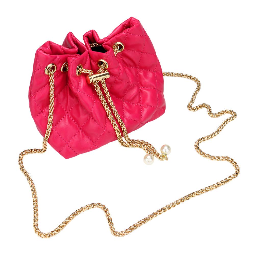 Charm Detailed Chain Faux Leather Pearl Mini Bucket Bag