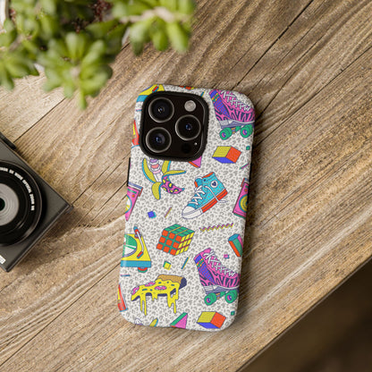 Retro 90s Pattern Phone Case — Roller Skates, Rubik Cube & Cassette Design