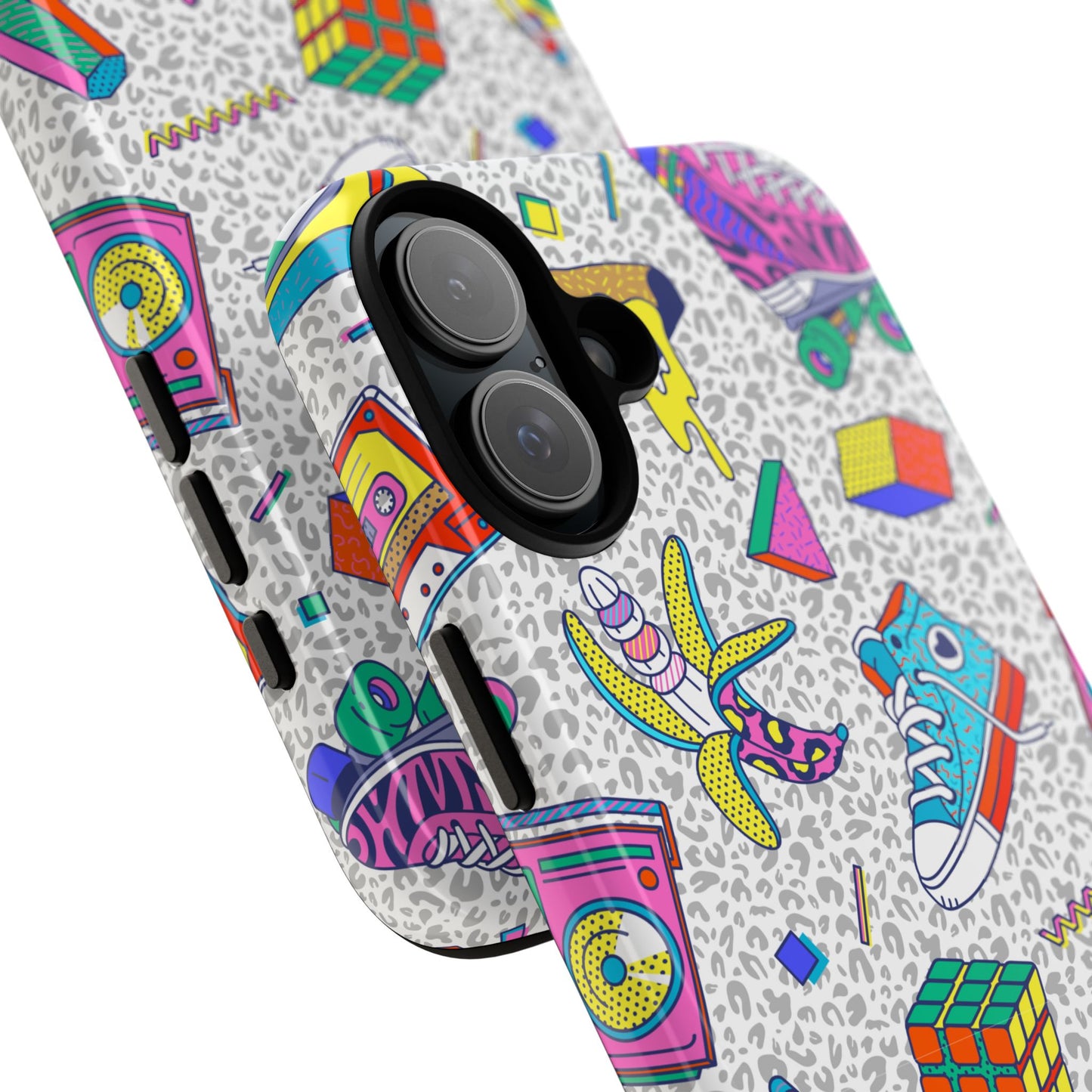Retro 90s Pattern Phone Case — Roller Skates, Rubik Cube & Cassette Design