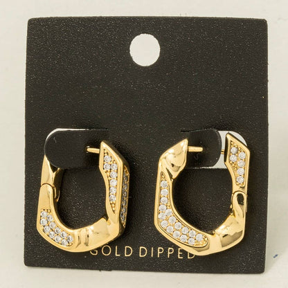 Gold Dipped Cz Pave Single Curb Link Hoop Earrings