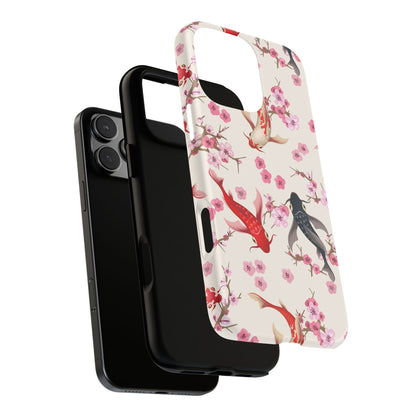 Koi Blossom Tough Phone Case Dual Layer Protective Cover With Shock Absorbent TPU And PC For Cherry Blossom Koi Lovers