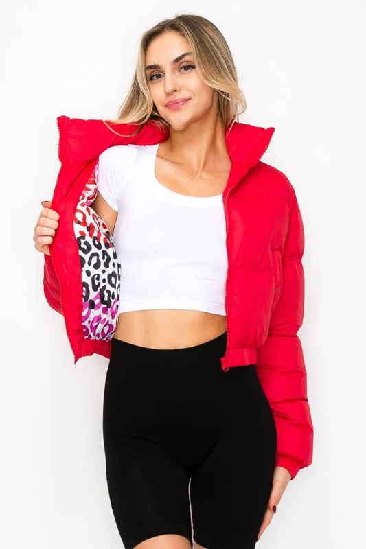 Bold & Cozy Mock Neck Printed Lining Puffer Jacket