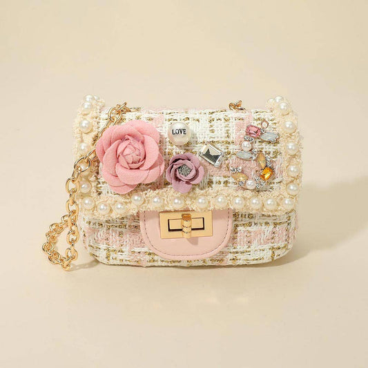 Floral Pearl Stone Cluster Embellished Tweed Mini Handbag / Crossbody Bag