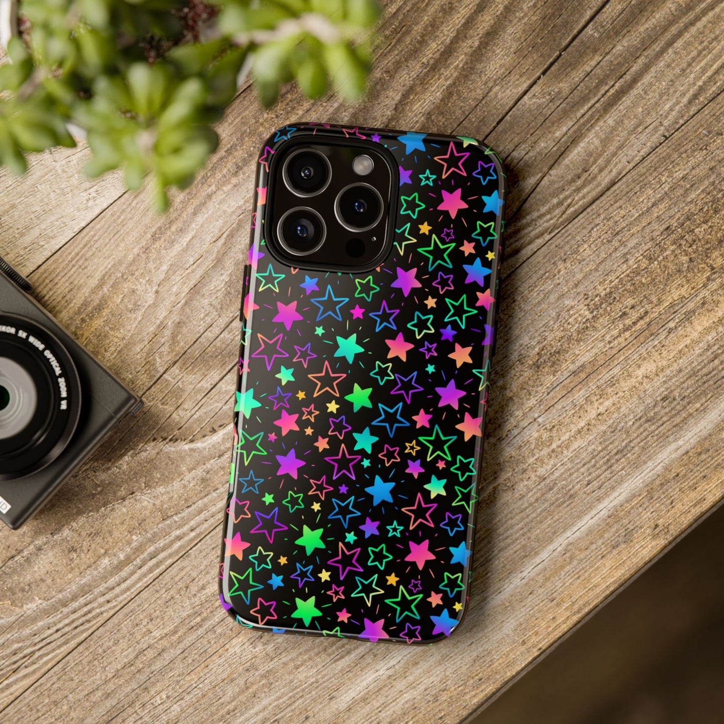 Starburst Neon Phone Case Protective Dual Layer Shock Absorption With Colorful Glow Stars For Trendy Nightlife Fans