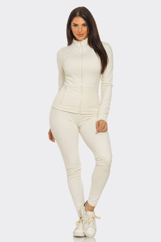Ivory SculptZip Activewear Jacket And Leggings Set For Women Athletes With Zipper Front And Mock Neck