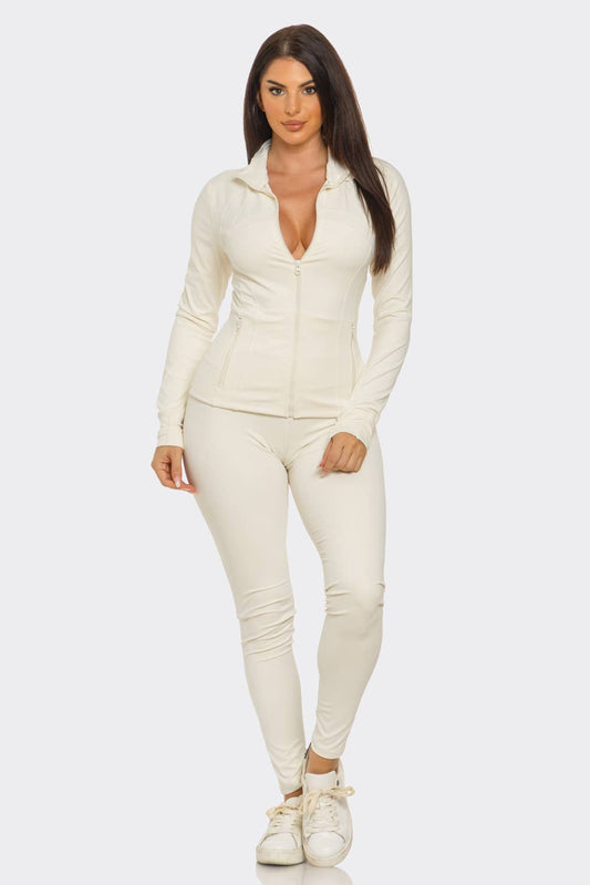 Ivory SculptZip Activewear Jacket And Leggings Set For Women Athletes With Zipper Front And Mock Neck
