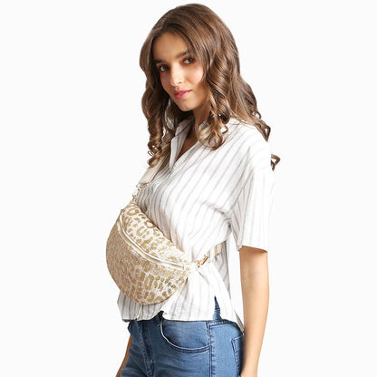 Leopard Pattern Embroidered Crossbody Belt Bag / Fanny Pack