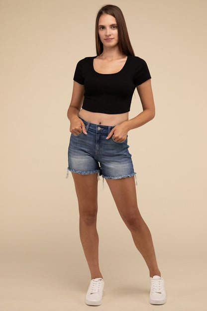 Mid Rise Raw Frayed Hem Denim Shorts Zenana