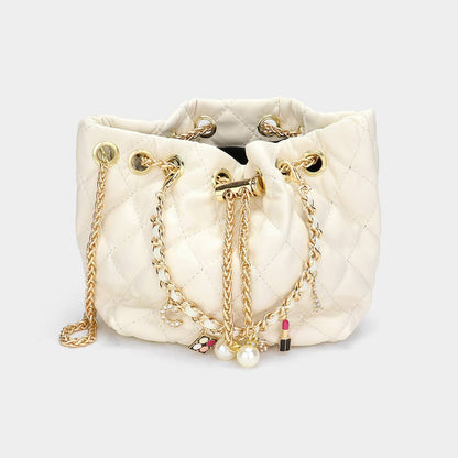 Charm Detailed Chain Faux Leather Pearl Mini Bucket Bag