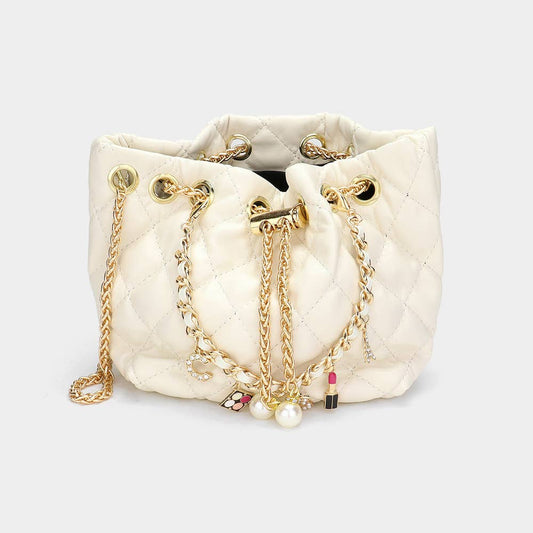 Charm Detailed Chain Faux Leather Pearl Mini Bucket Bag