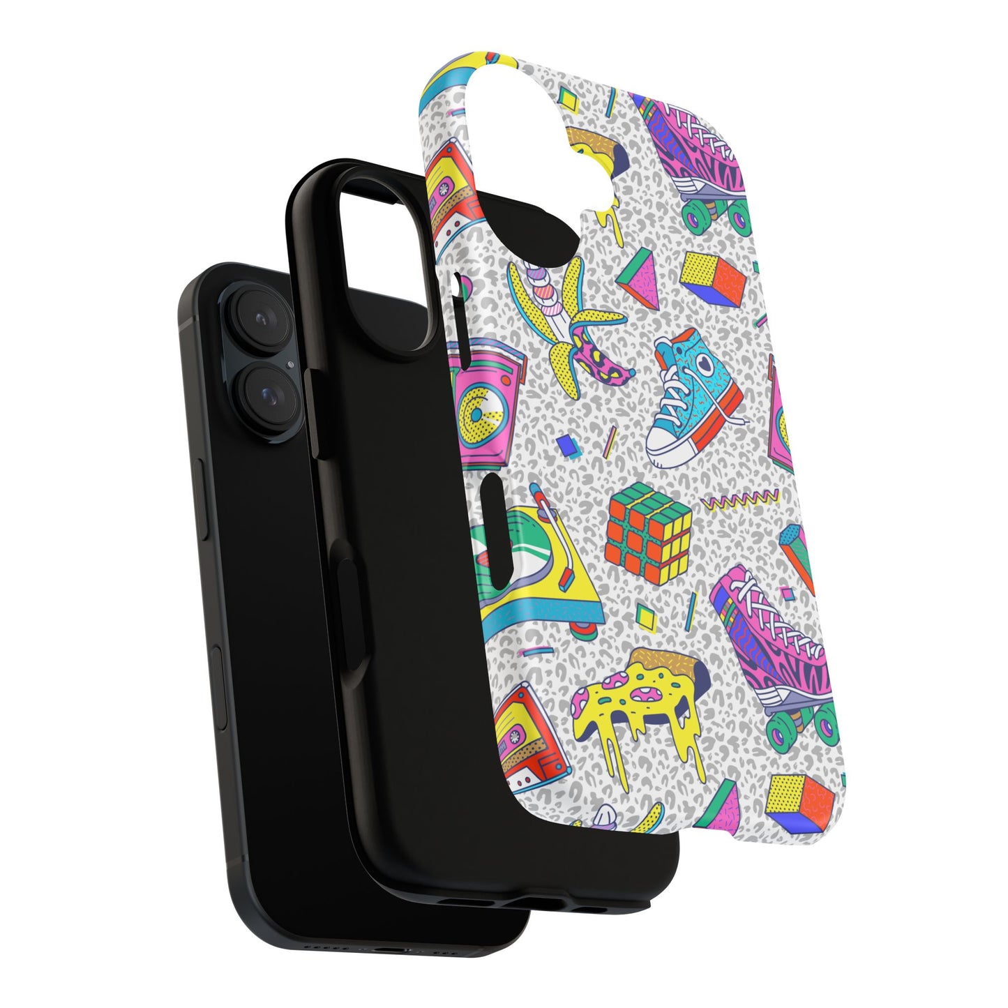 Retro 90s Pattern Phone Case — Roller Skates, Rubik Cube & Cassette Design