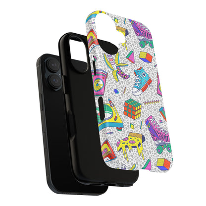 Retro 90s Pattern Phone Case — Roller Skates, Rubik Cube & Cassette Design