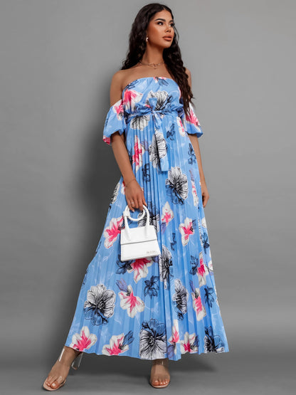 Pleated Floral Off-Shoulder Short Sleeve Midi Dress