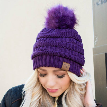 C.C Cable Knit Beanie with Matching Faux Fur Pom - Burgundy