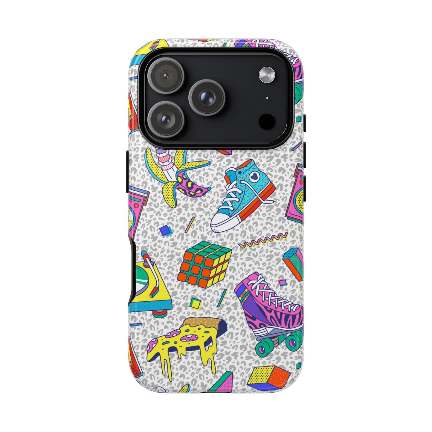 Retro 90s Pattern Phone Case — Roller Skates, Rubik Cube & Cassette Design