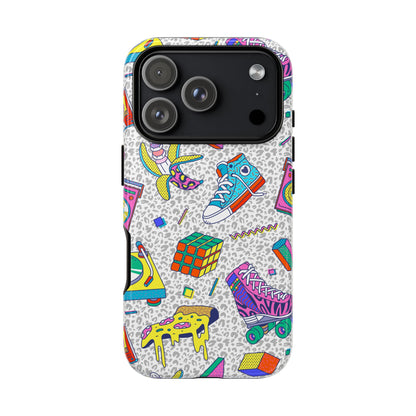 Retro 90s Pattern Phone Case — Roller Skates, Rubik Cube & Cassette Design