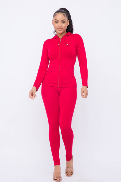 Seamless Zip Up Hoodie Drawstring Jacket With Side Pockets And Leggings Set