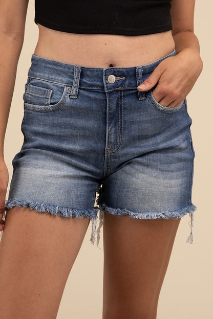 Mid Rise Raw Frayed Hem Denim Shorts Zenana