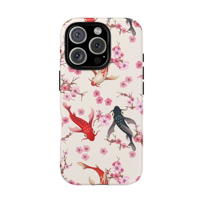 Koi Blossom Tough Phone Case Dual Layer Protective Cover With Shock Absorbent TPU And PC For Cherry Blossom Koi Lovers