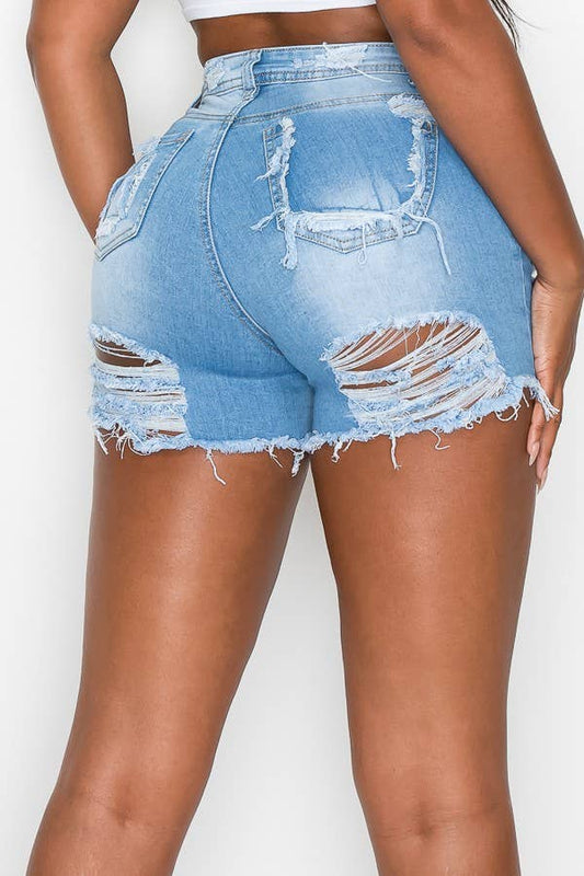 High Rise Distressed Mini Denim Shorts