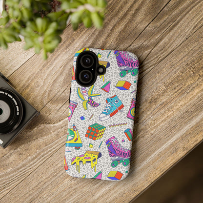 Retro 90s Pattern Phone Case — Roller Skates, Rubik Cube & Cassette Design