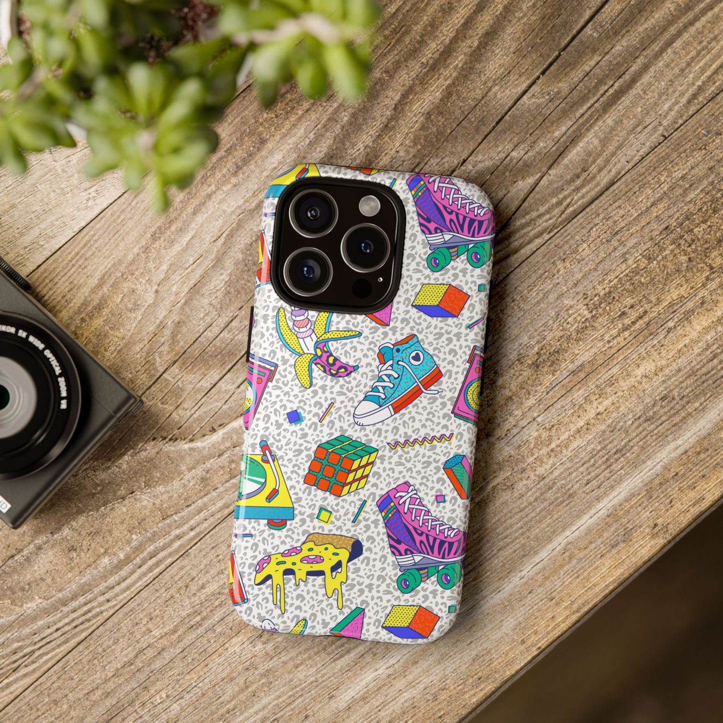Retro 90s Pattern Phone Case — Roller Skates, Rubik Cube & Cassette Design
