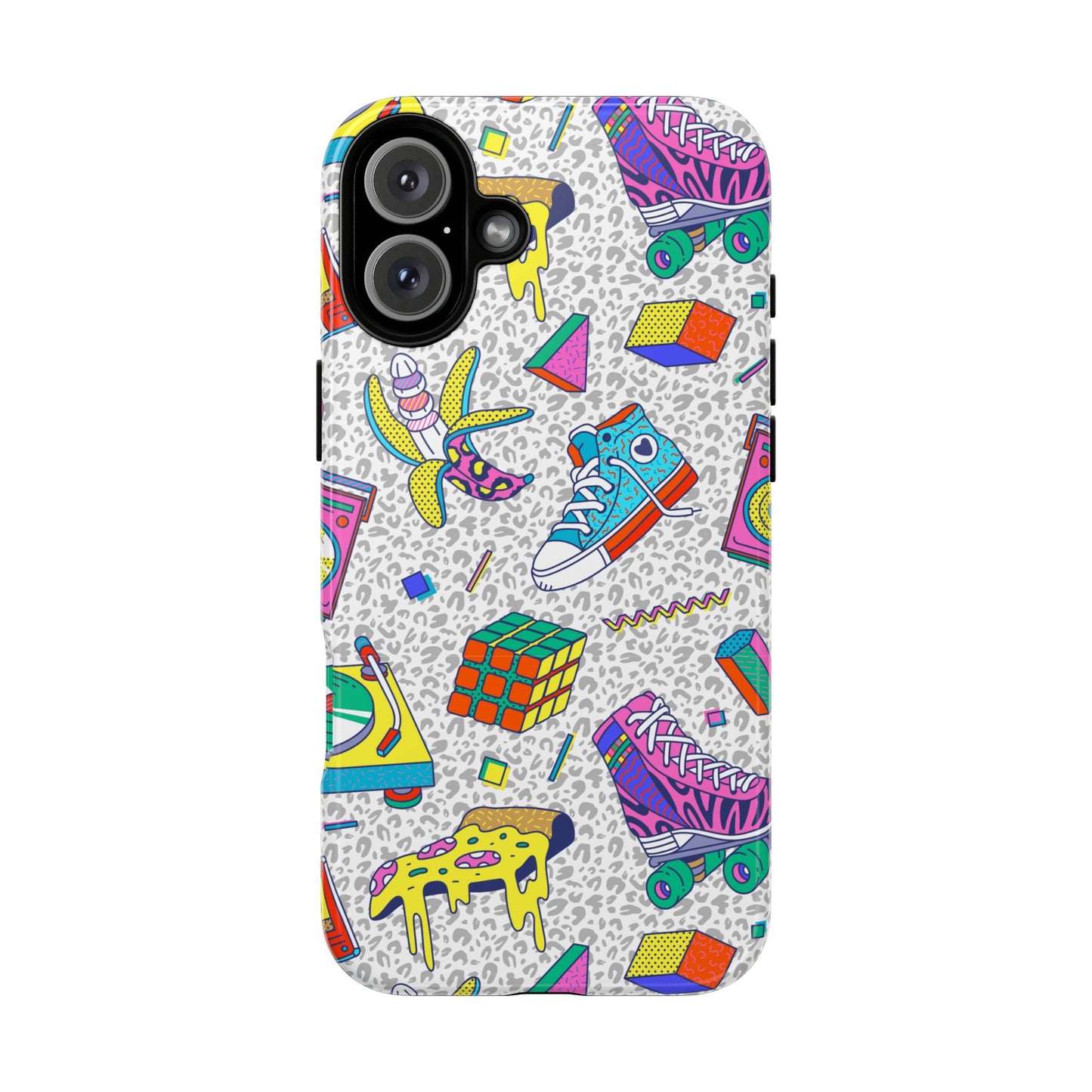 Retro 90s Pattern Phone Case — Roller Skates, Rubik Cube & Cassette Design