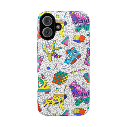 Retro 90s Pattern Phone Case — Roller Skates, Rubik Cube & Cassette Design