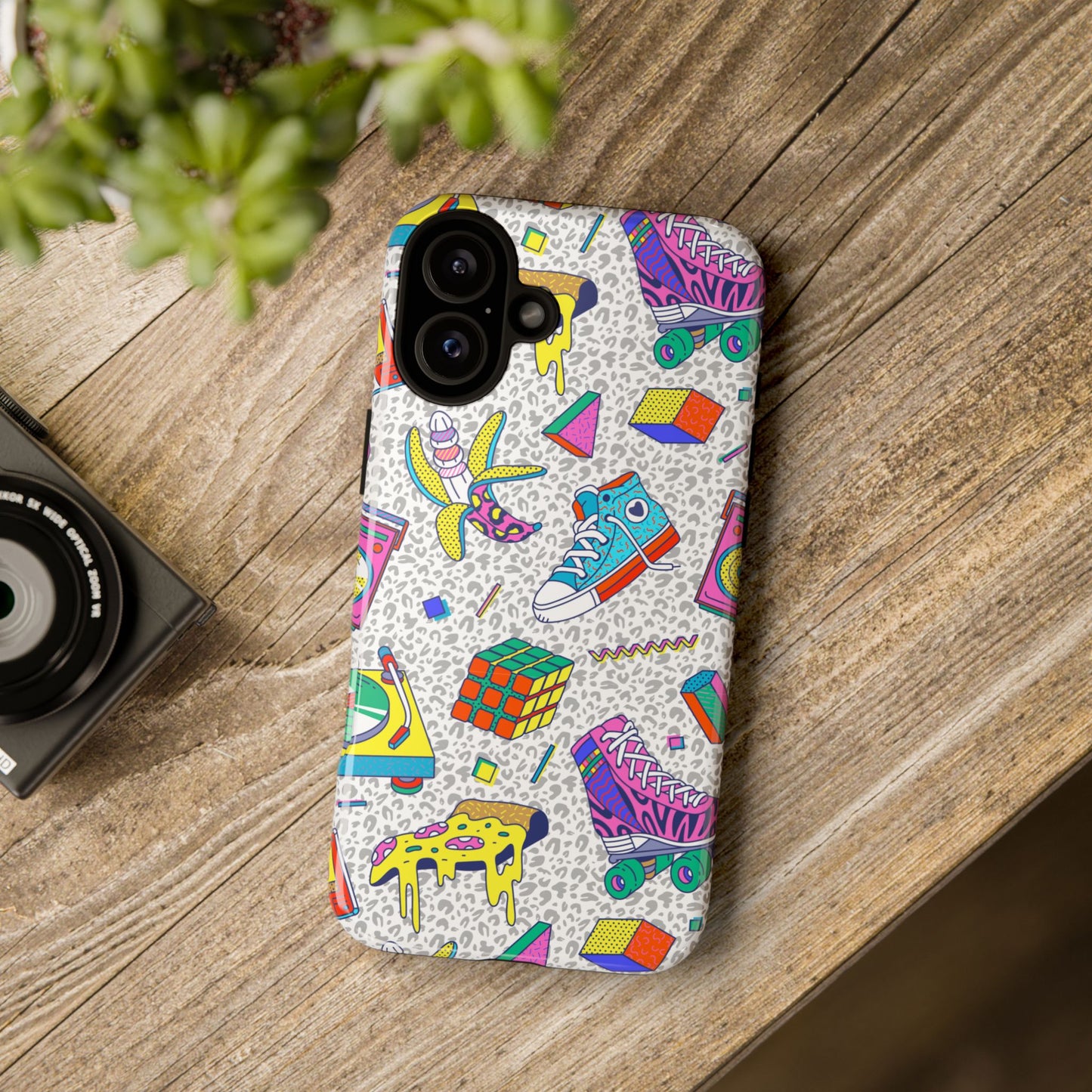 Retro 90s Pattern Phone Case — Roller Skates, Rubik Cube & Cassette Design