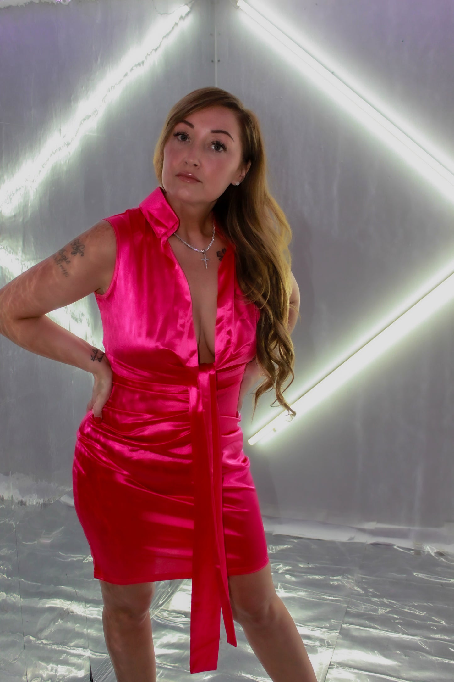 ✨ Sleek & Chic: Fuchsia Satin Lace-Up Mini Party Dress ✨