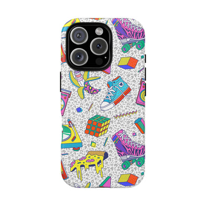 Retro 90s Pattern Phone Case — Roller Skates, Rubik Cube & Cassette Design